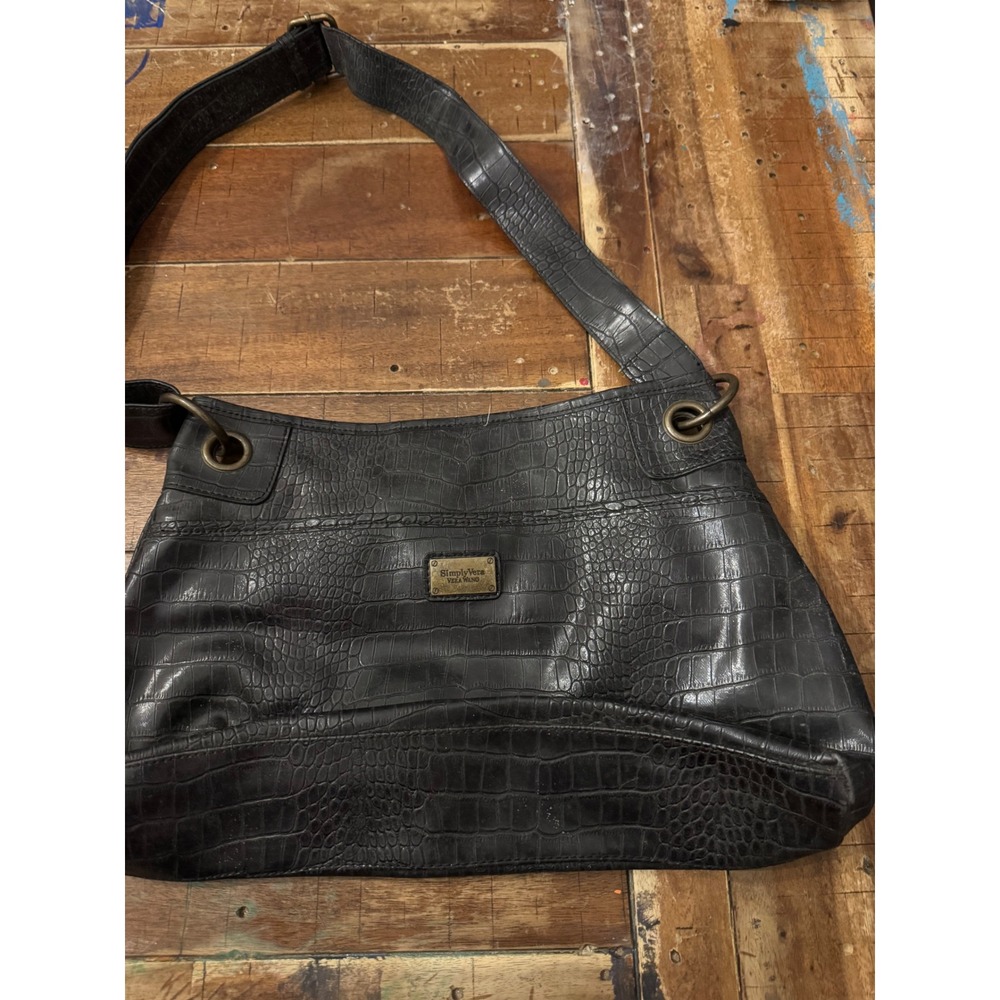 Simply Vera Vera Wang Black Croc Embossed Faux Leather Crossbody Bag Hobo Purse